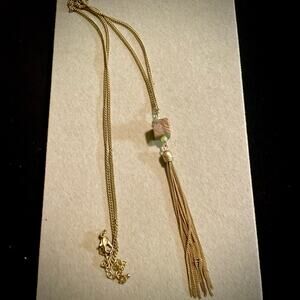 Gold Tone Stone Tassel Pendant Necklace